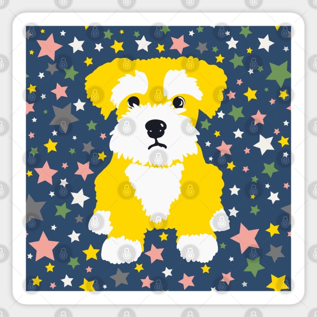 Yellow Miniature Schnauzer and Stars on Blue Background Sticker by NattyDesigns